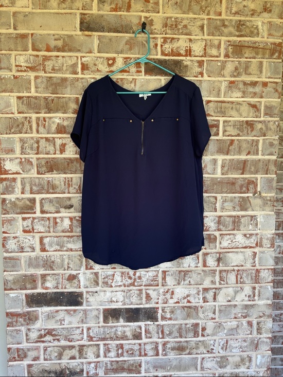 Tops - Short Sleeve V-Neck Zip Front Women's Top - Navy